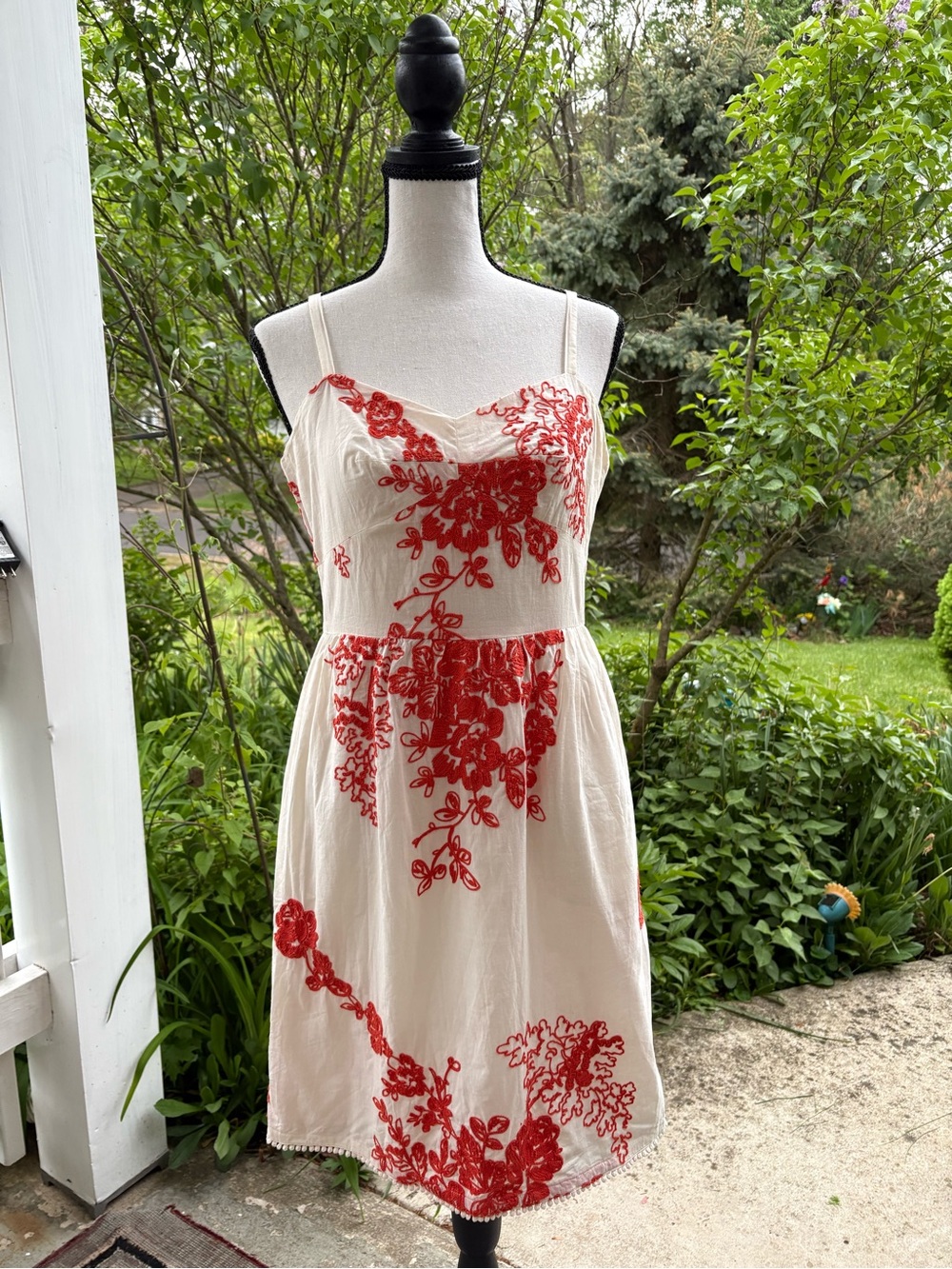 Size 6 100% COTTON  J. Crew Cream Midi Dress with Red Floral Embroidery